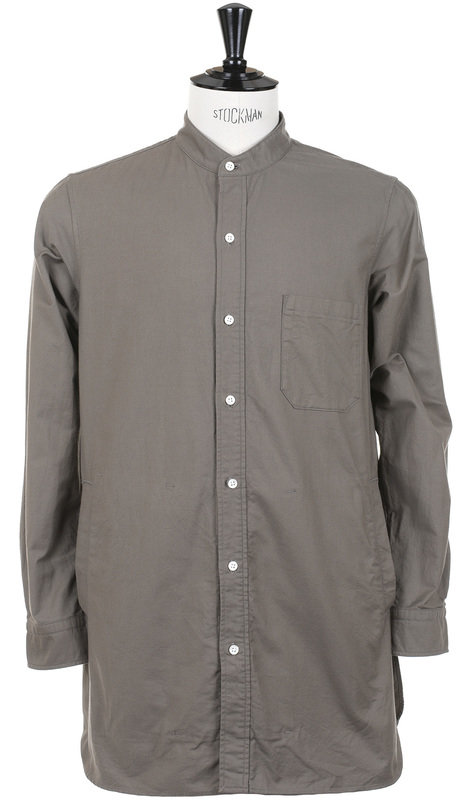 Band Collar Long Shirt Cotton Oxford Cloth - Olive at Kafka Mercantile