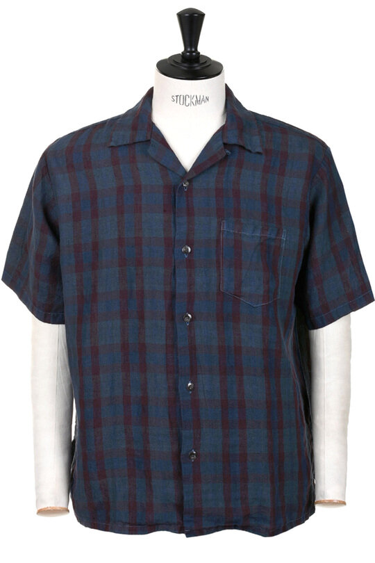 SV-SH-034 Linen Big Check Open Neck Shirt - Navy