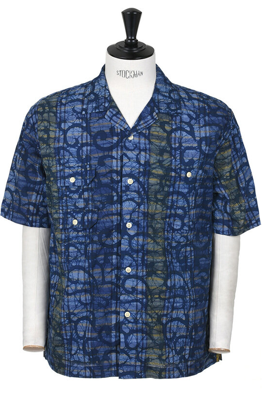 Mercantile Short Sleeve Vacation Madras Batik Print - Navy/Green